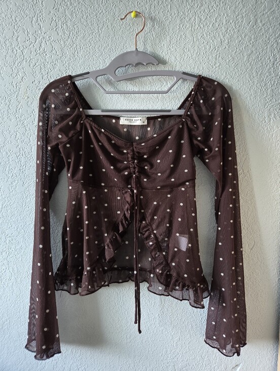 good days project Tops - Brown Polka Dot Ruched Mesh Blouse